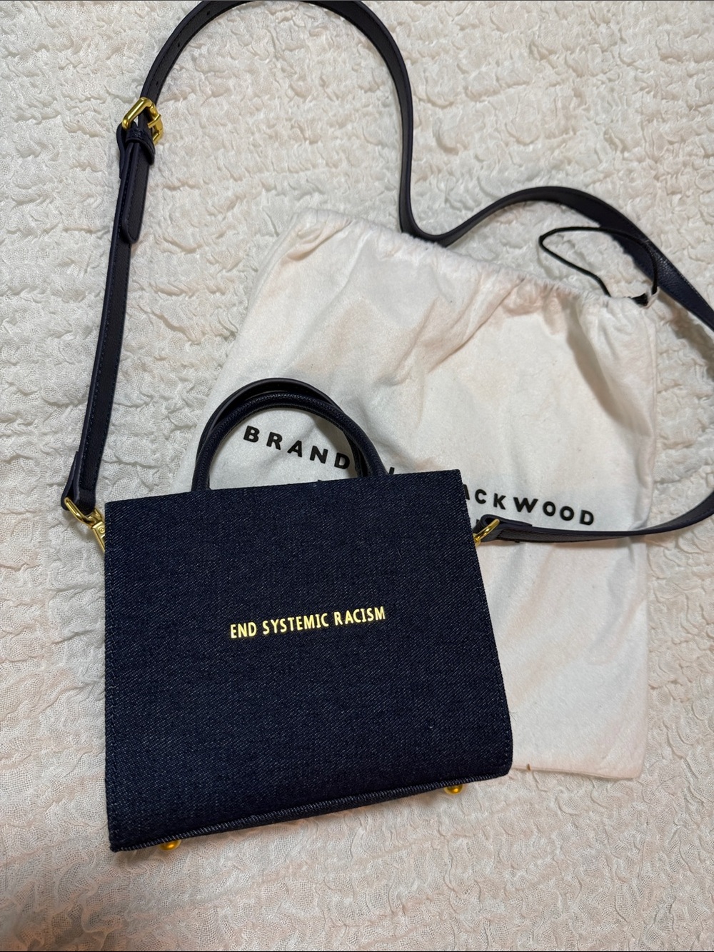 Brandon Blackwood dark blue Denim Mini Tote with Gold Logo NEW